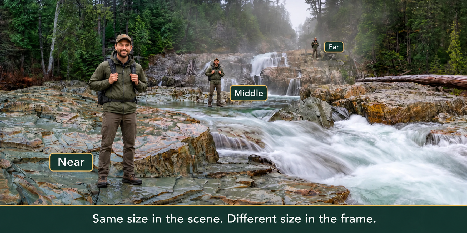 The same-sized hiker appears large nearby, smaller in the middle distance and smallest far away beside a waterfall. Same size in the scene. Different size in the frame.