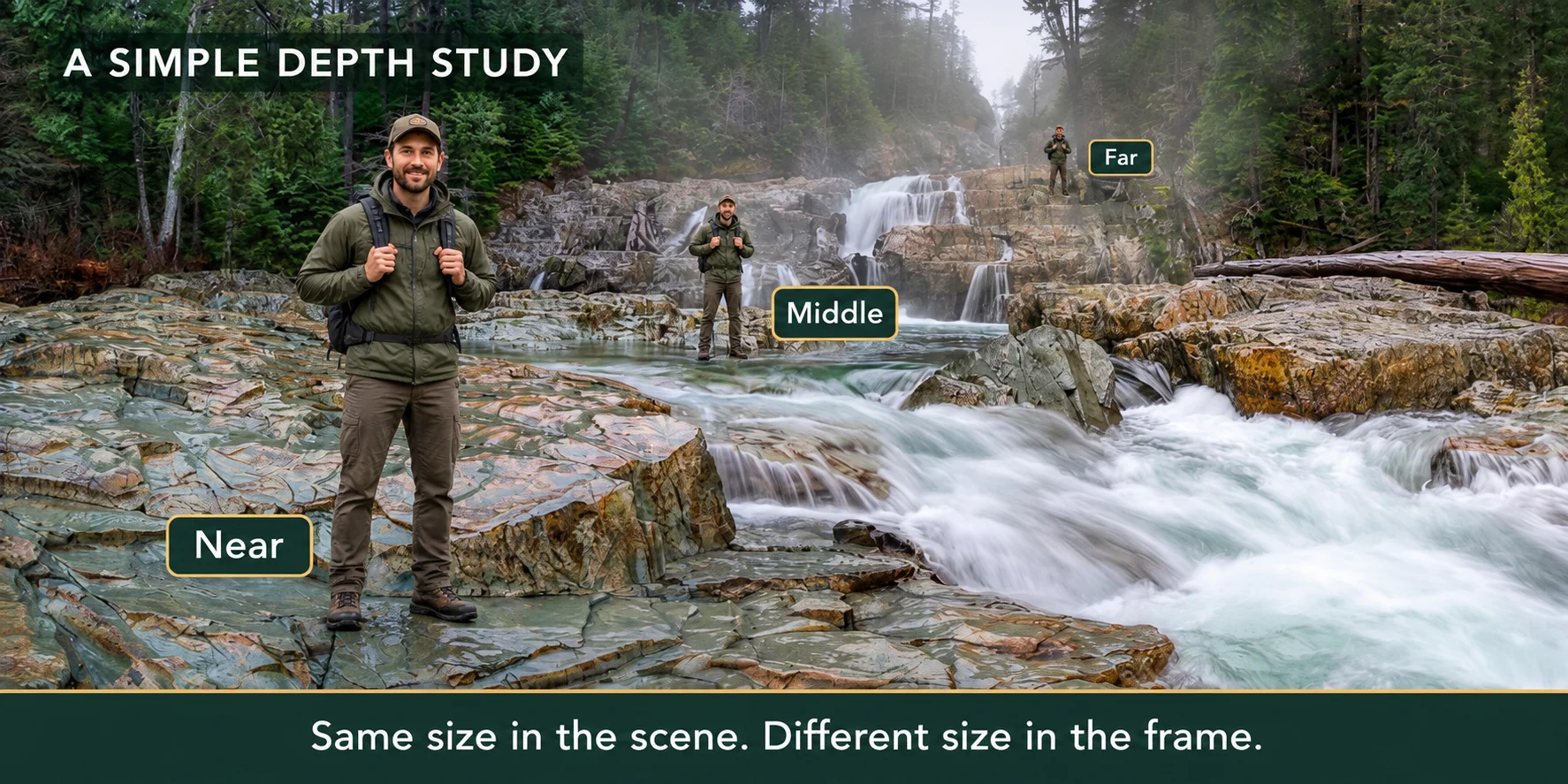 A simple depth study: the same-sized hiker appears large nearby, smaller in the middle distance and smallest far away beside a waterfall. Same size in the scene. Different size in the frame.